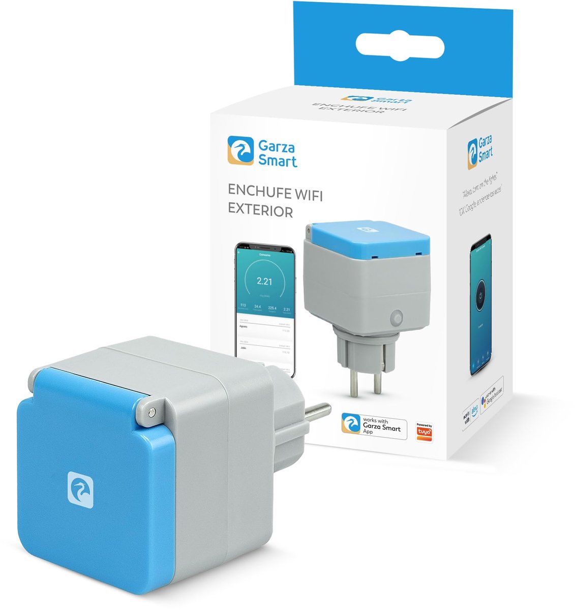 SnelShoppen - Wifi-buitenstopcontact IP44 waterdicht met spraakbediening voor Alexa en Google, 3680W verbruiksmeter, timer functie, dual band 2,4/5 GH