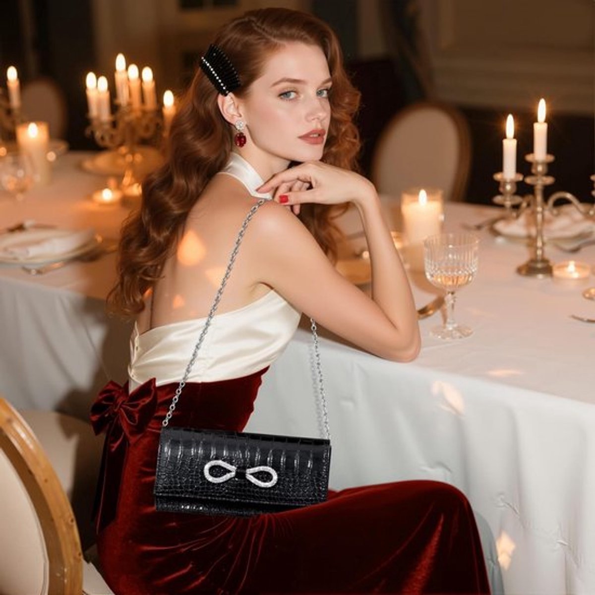 Clutch Avondtas voor Bruiloft & Feest - Strass Strik & Krokodillenpatroon - Zwart