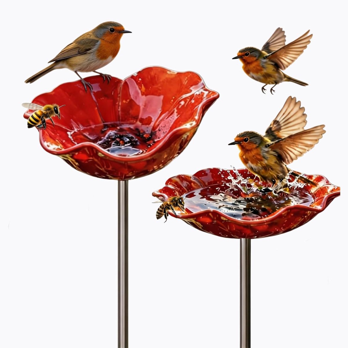 KZQ Metalen Bloem Tuinpaal - 2 Stuks - Met Vogeldrinkbak & Bijenwaterbak - Insectenhotel - Tuinaccessoires - Bloemontwerp - Voor Buiten Tuin Decoratie - Rood