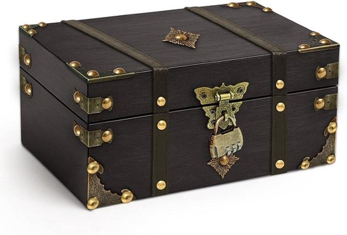 Vintage schatkist met combinatie slot, 24 x 17 x 9,5 cm, sieradenbox, opbergdoos, decoratieve kist voor bruiloften en escaperooms, grijs