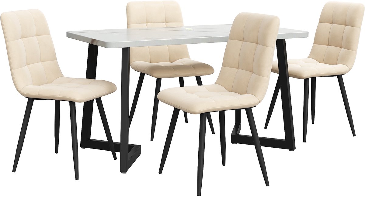 Eettafel Met Stoelen - Keukentafel Set - Moderne Eethoek - Rechthoekige Eettafel - Marmerlook - Fluweel - Metalen Poten - Compact - Eetkamer - 117cm - 5-Delig - Beige
