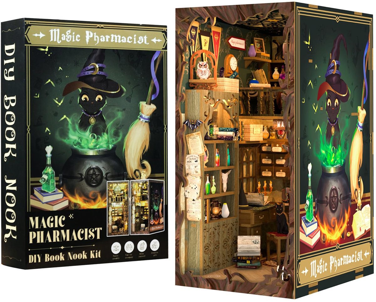 DIY Book Nook Kit - Miniatuur poppenhuizen met meubels en LED-licht - 3D-puzzel houten kunstboekensteunen - magische apotheker