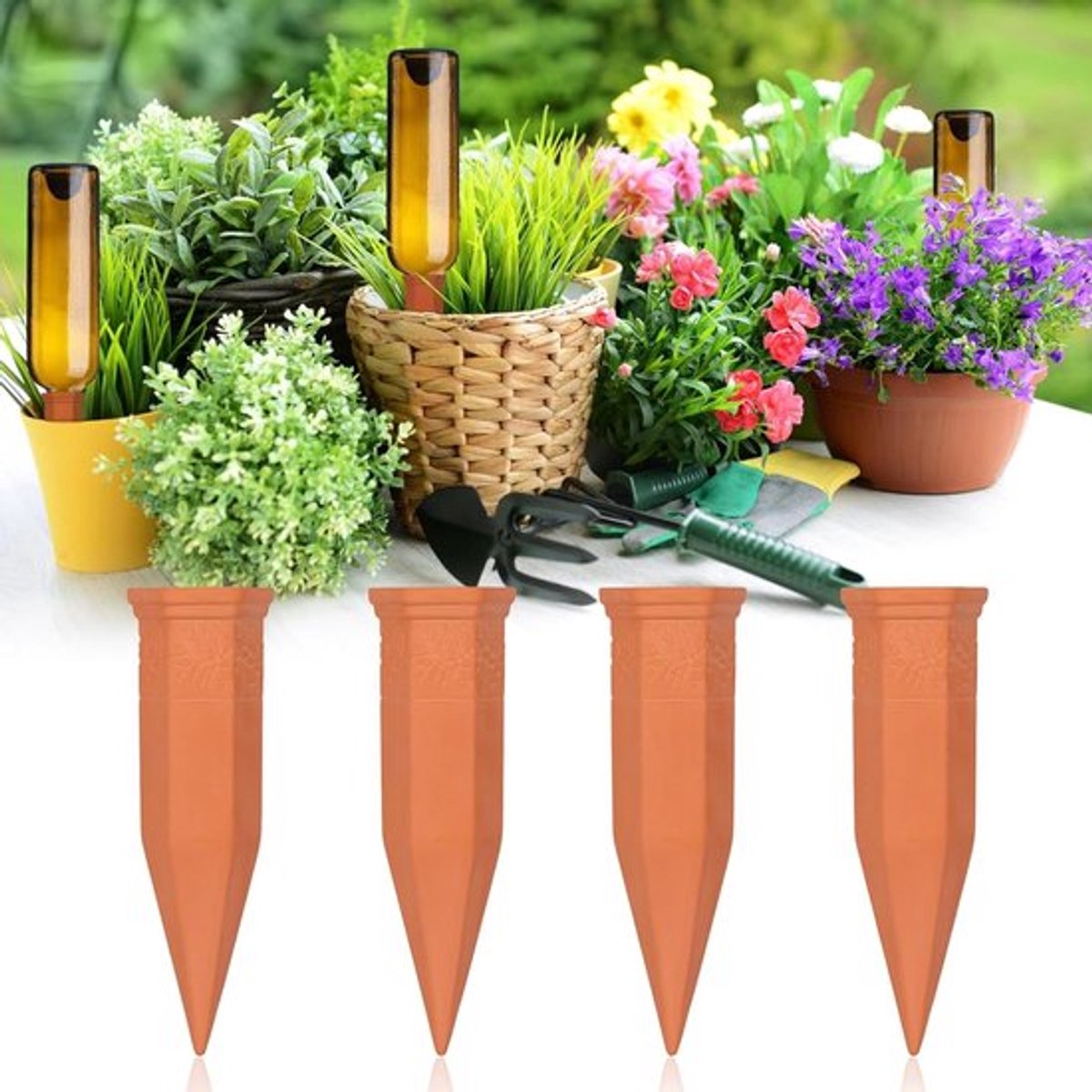 Zelfwaterende plantenpalen voor potplanten, terracotta irrigatiesystemen, automatische plantverzorging, ideaal voor bloemen en bomen, 4 x 90 ml