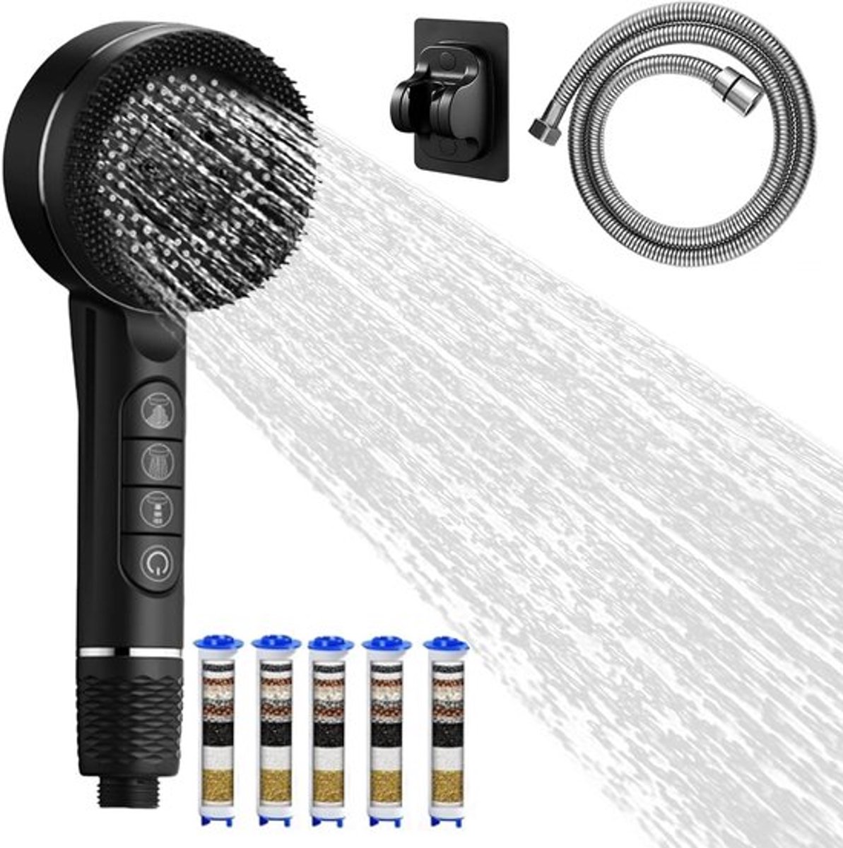 Hoge druk handdouche met 4 spuitstanden, 5 filters, 1.5 meter slang en houder voor optimaal douchecomfort