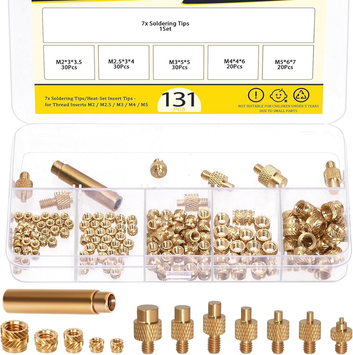 Set van 138 Stuks Messing Draad Inserts met Warmte-Invoertips, M2 M2.5 M3 M4 M5 Draadmoeren voor Precisie Bevestiging en Montage