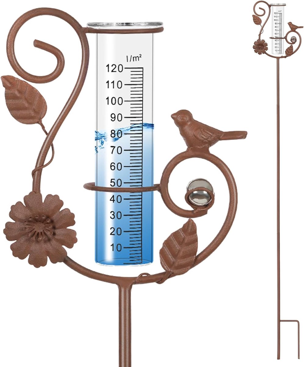 SnelShoppen - Optyuwah Regenmeter voor Tuin - Neerslagmeter met Stang van 110 cm - Tuindecoratie met Bloemen, Vogels en Bladeren - Perfect voor Tuinie