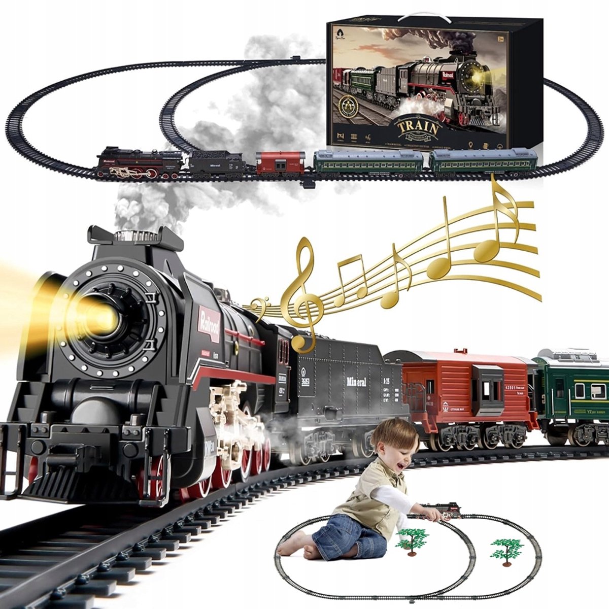 Retro Stoomtrein Set - Elektrische Treinset - Stoomlocomotief - Speelgoedtrein - USB - Geluid en Licht - Rook - met Rails - Interactief Speelgoed - Voor Kinderen 4-7 Jaar - Cadeau