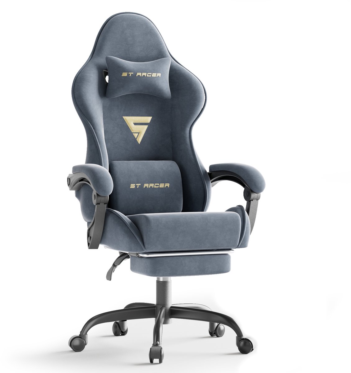 Arvioo-Gaming Stoel-Fluweel-Voetensteun-Massage Lendenkussen-Blauwgrijs