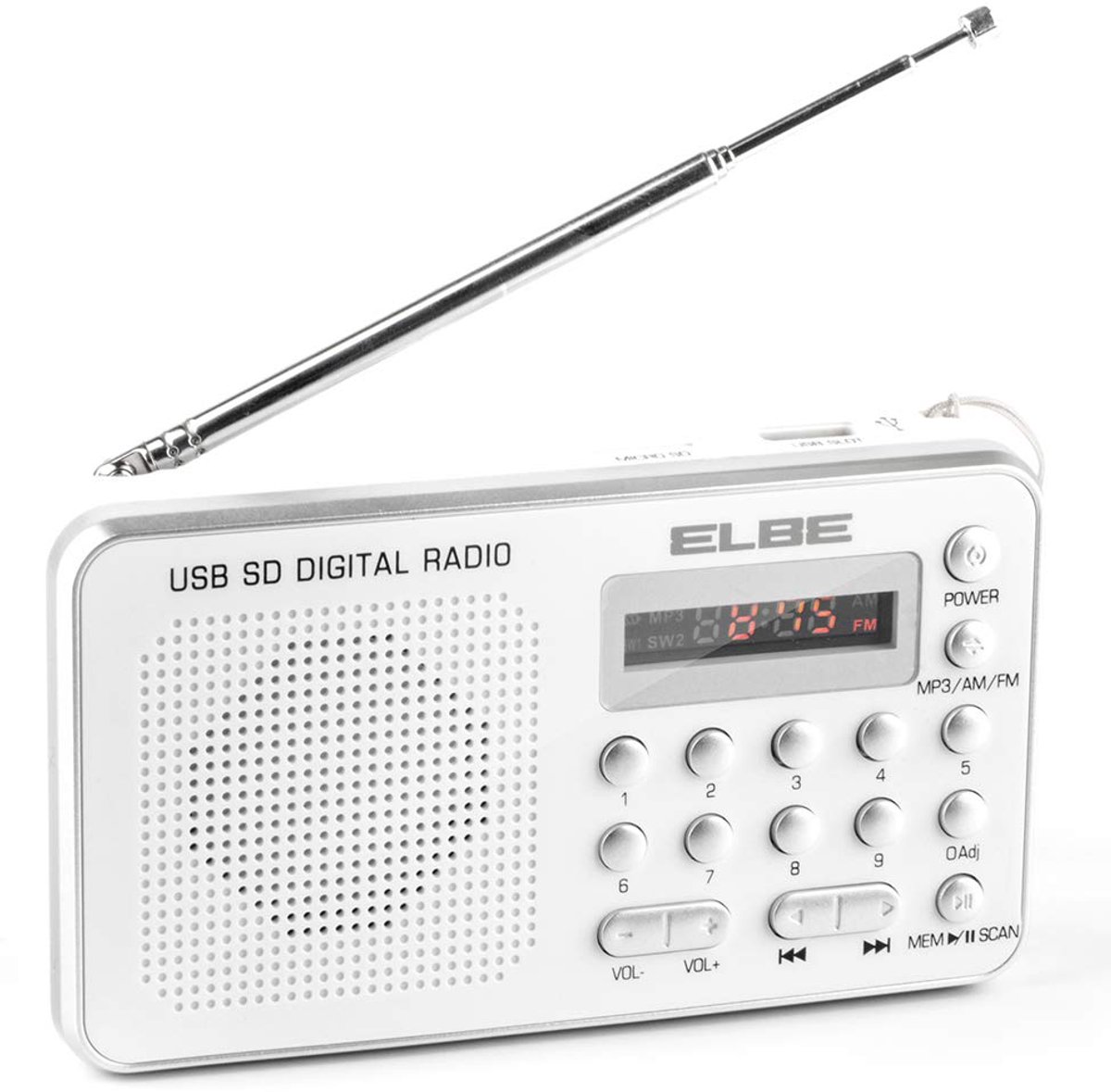 SnelShoppen - USB-radio met kaartlezer, FM-radio, MP3-speler, oplaadbare batterij, AUX-IN, zilverkleurig voor camping, tuin en feest