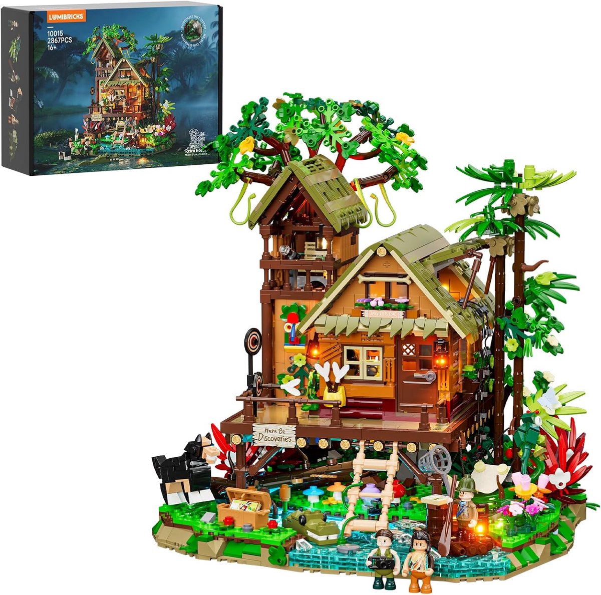 SnelShoppen - LUMIBRICKS Compatibele Klembouwstenen Set Misty Forest Cabin - Retrohuis uit de Vintage Collectie - Boshut met Open Haard, Boomdetails e