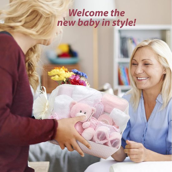 Cadeaumand Baby - Kraamcadeau Set - Babyshower Vieren - Compleet Samengesteld - 30 x 23 x 28.5 cm - Roze — afbeelding 5