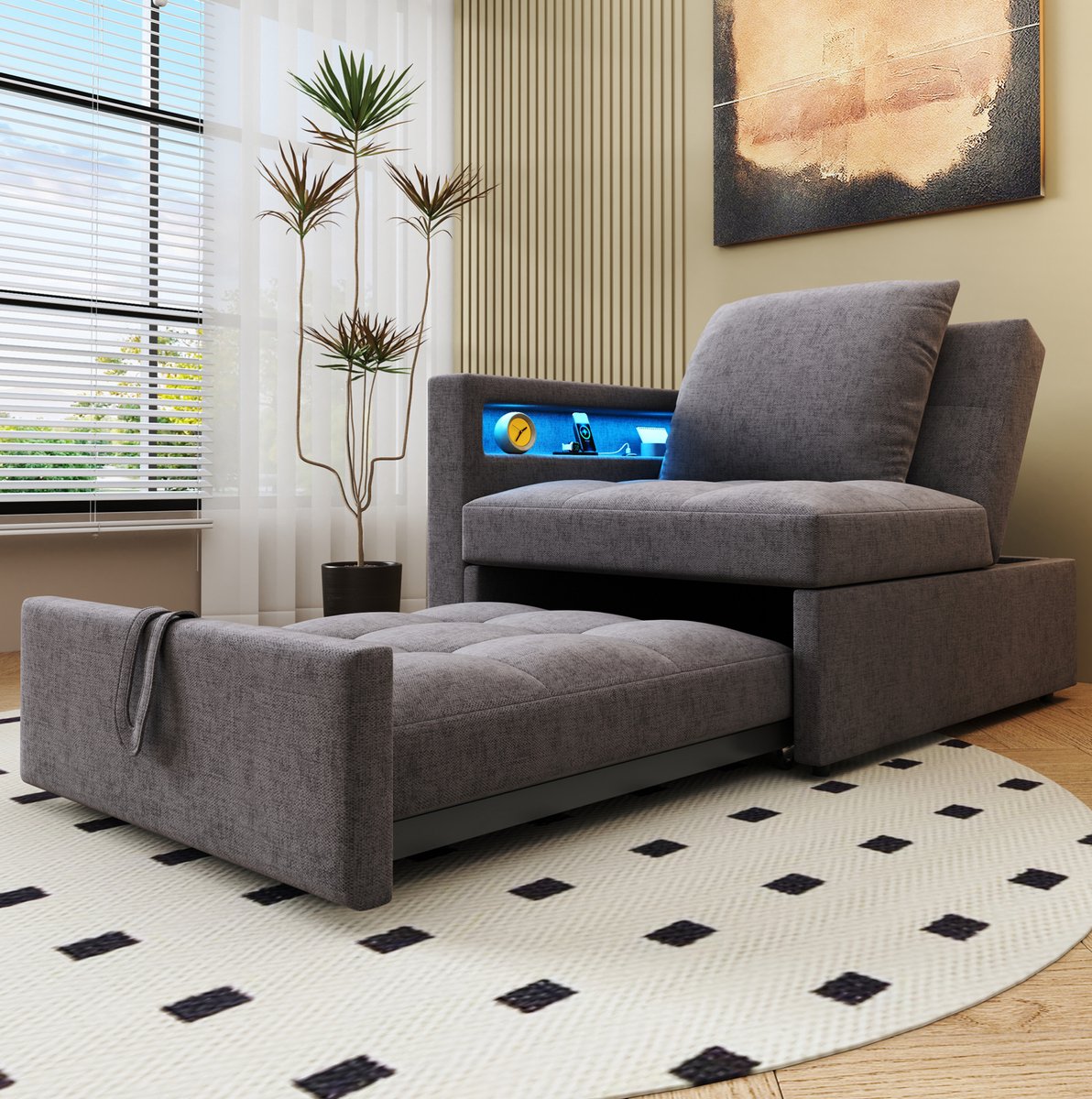 COVREO Slaapbank 177x68x65 cm donkergrijs, linnen met verstelbare rugleuning
