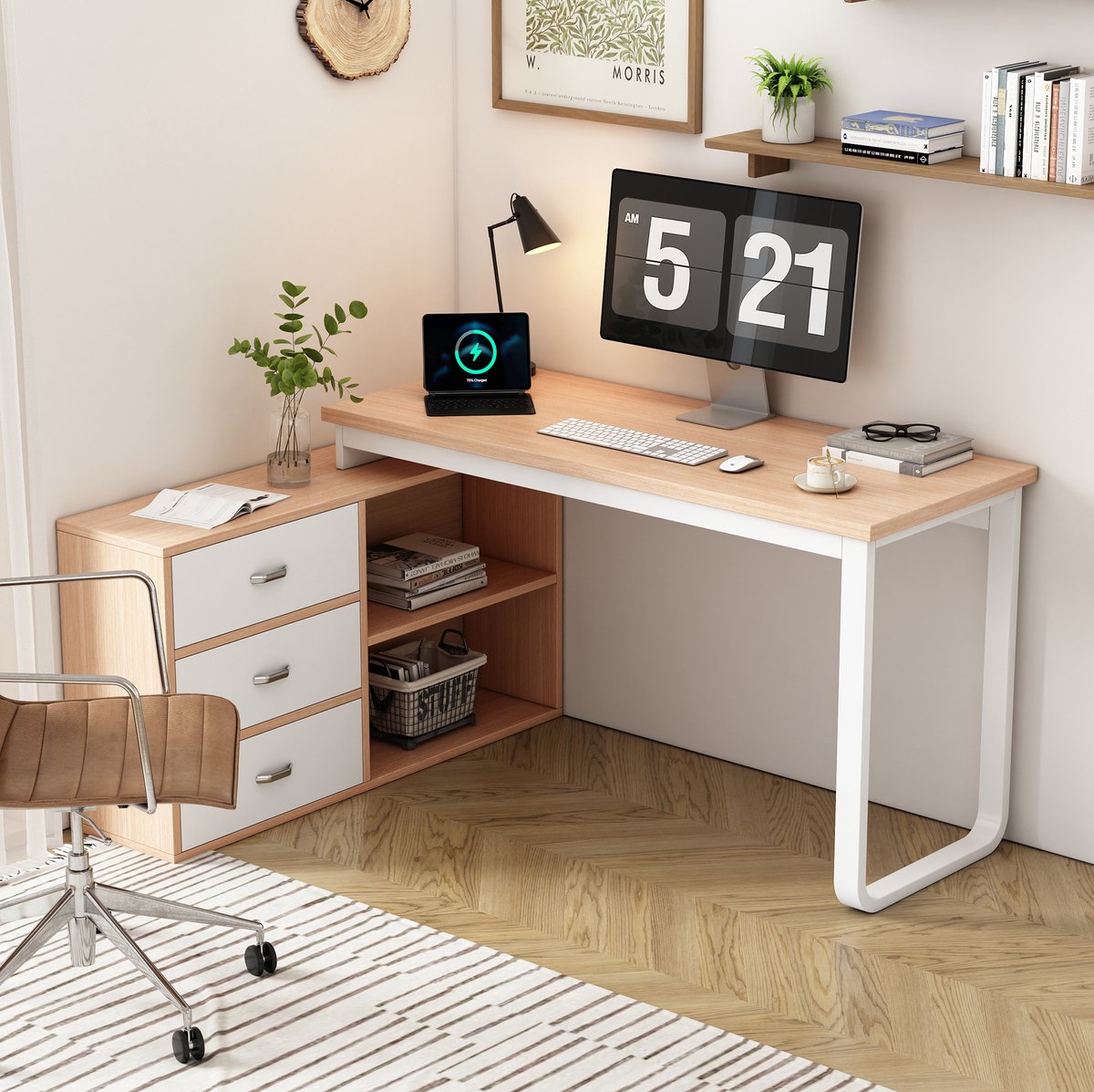MODENUIT Bureau - L-Vorm Met 3 Lades En 2 Open Vakken - Kantoor - MDF En Metaal - 147x100x75,3 Cm - Naturel