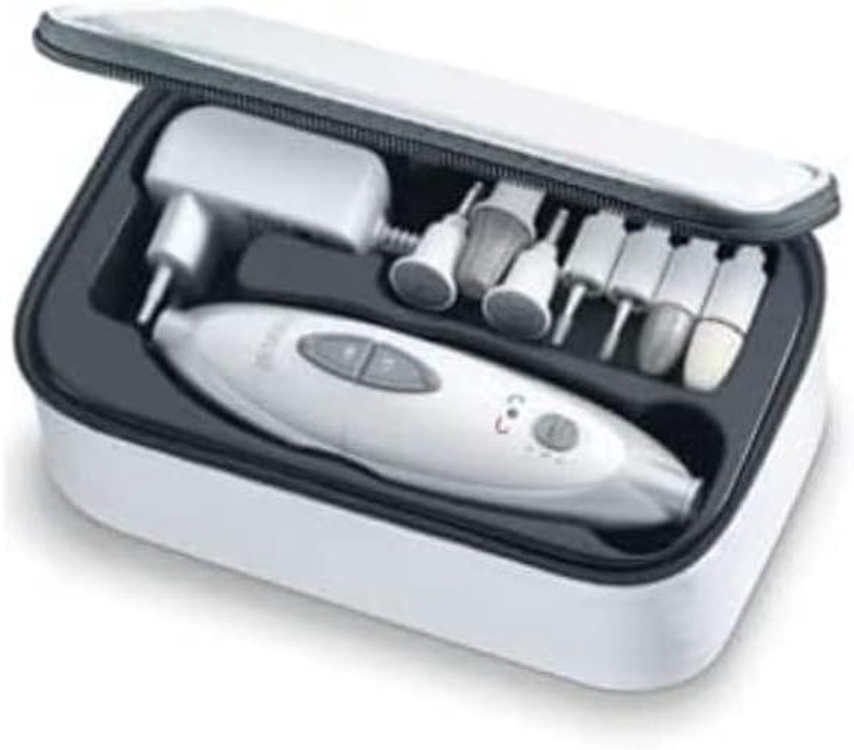 Manicure Pedicure Set - Nagelverzorging Apparaat - Professionele Nagelstyling - Zeven Saffier Opzetstukken - Inclusief Etui - Wit Zilver