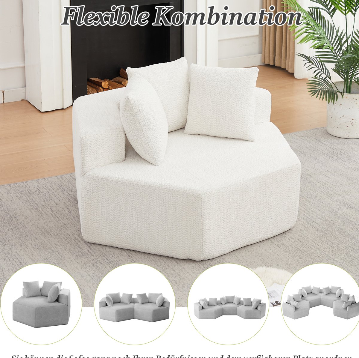 OKWISH Bankonderdeel 1-Zits Modulaire Lounge Module - Zeshoekig Design Met 3 Kussens En Zachte Chenille - Voor Woonkamer Of Lounge - Beige