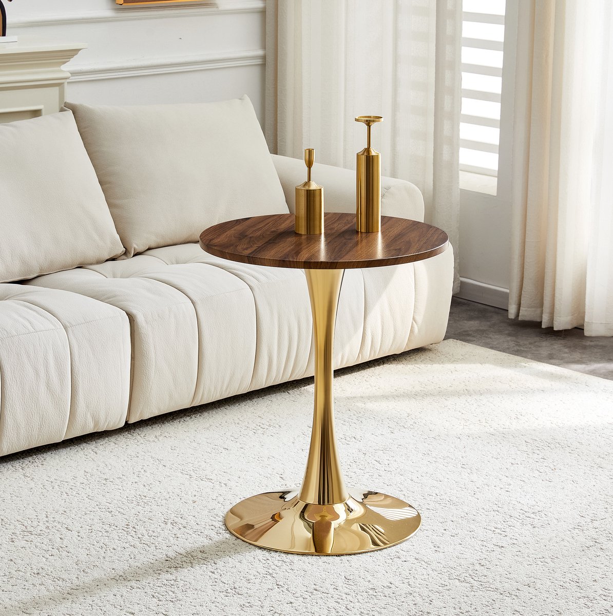 DESMIU Bijzettafel - Ronde Tafel Met Walnootkleurig Blad - Voor Woonkamer En Leeshoek - MDF En Metaal - 60 x 72 Cm - Goud
