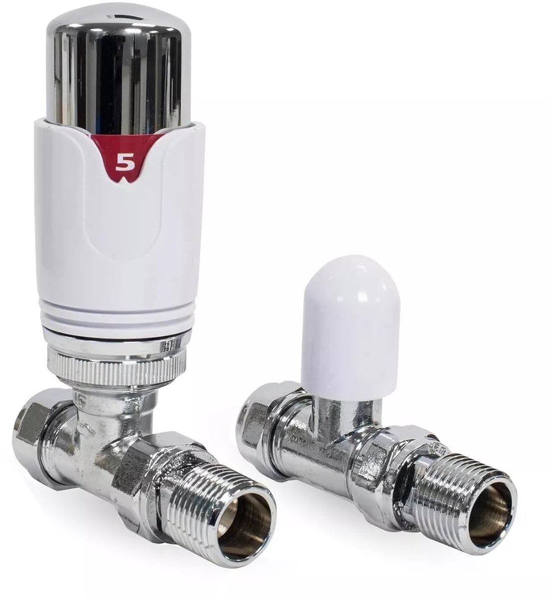 SnelShoppen - Rechte thermostatische radiatorkleppen TRV & Slotschild pakket 15mm x 1/2" Chroom/Wit - Perfect voor verwarming en energiebesparing