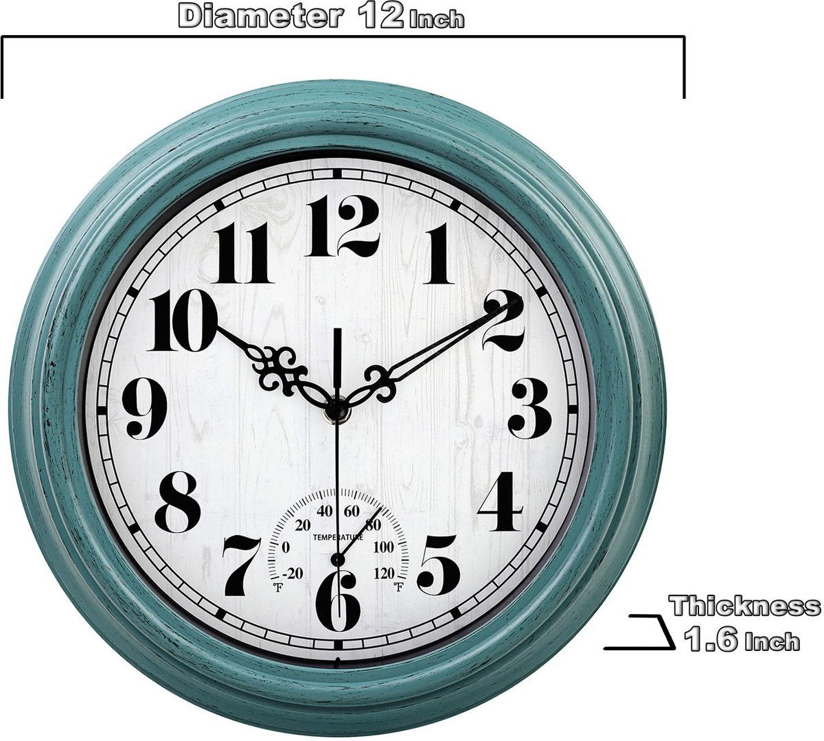 SnelShoppen - Waterdichte Wandklok met Thermometer voor Binnen en Buiten, Niet-Tikkende Kwartsklok, Gemakkelijk Af te Lezen, Decoratief voor Terras, V