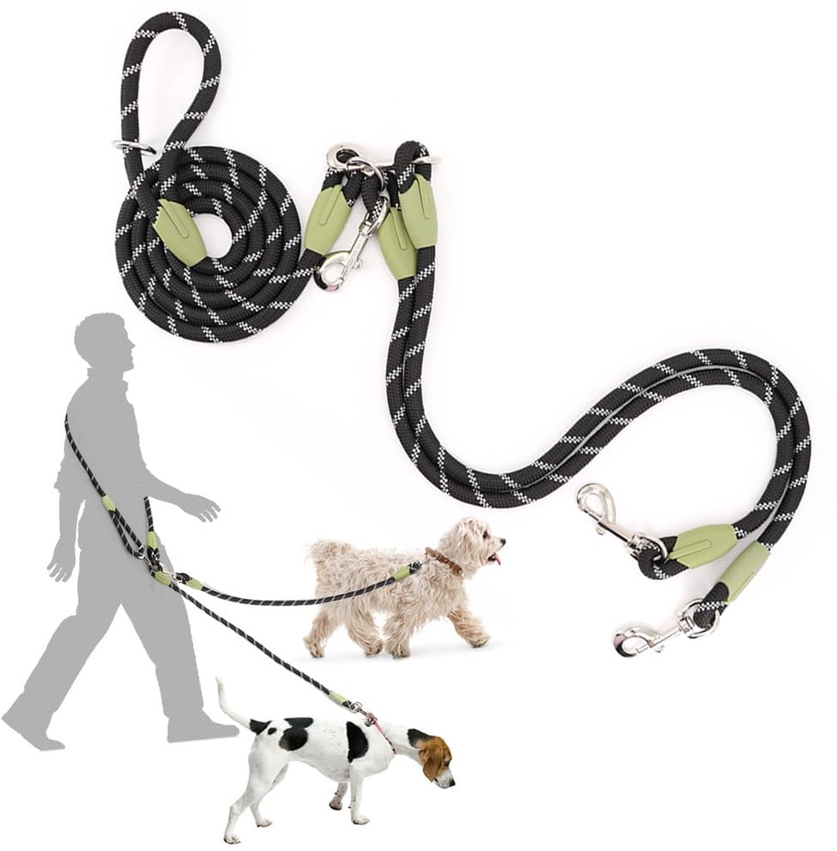 SnelShoppen - Handsfree Hondenriem voor 2 Honden - Reflecterende Dubbele Lijn voor Grote en Medium Honden - Heavy Duty Crossbody Hondenriem met Koppel