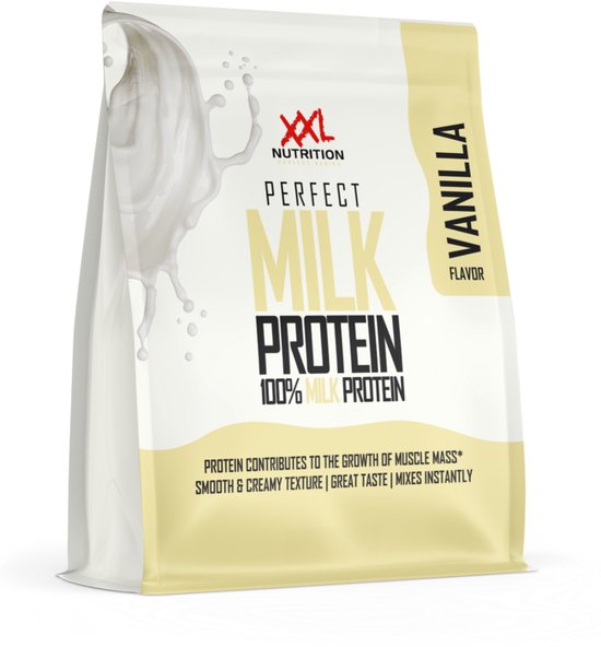 XXL Nutrition Perfect Milk Protein vanille smaak. Een witte zak met gele accenten en een melkplons effect.