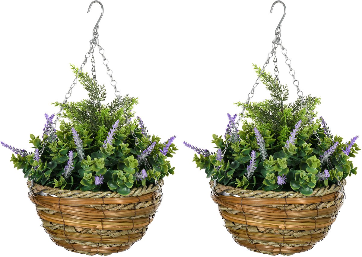 ECTEATOY® Set van 2 Kunst Kunstplant - Hangplanten met Paarse Bloemen - Inclusief Rieten Pot - Ø25 x 34 cm - Realistische Nepplant voor Binnen en Buiten