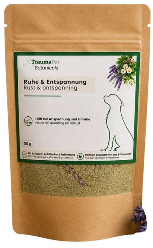 Bruine zak met groene en witte tekst. Bevat 50g kruidenmix voor rust en ontspanning. Illustratie van hond en lavendel. Helpt bij spanning en onrust.