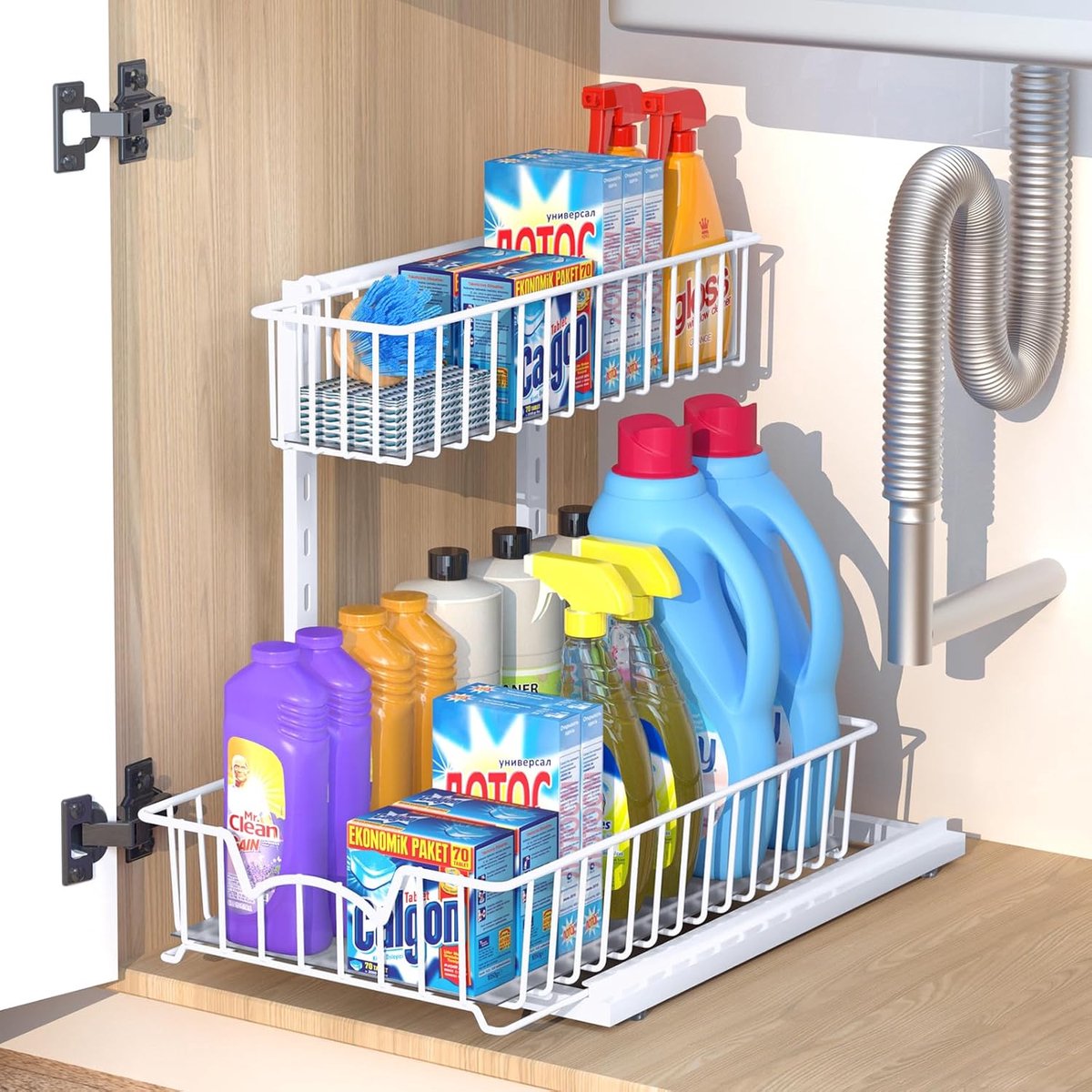 SnelShoppen - Bomclap Spoelkastorganizer, 2 etages onder wastafel, uittrekbare metalen kastmand-organizer voor multifunctioneel gebruik in keuken en b