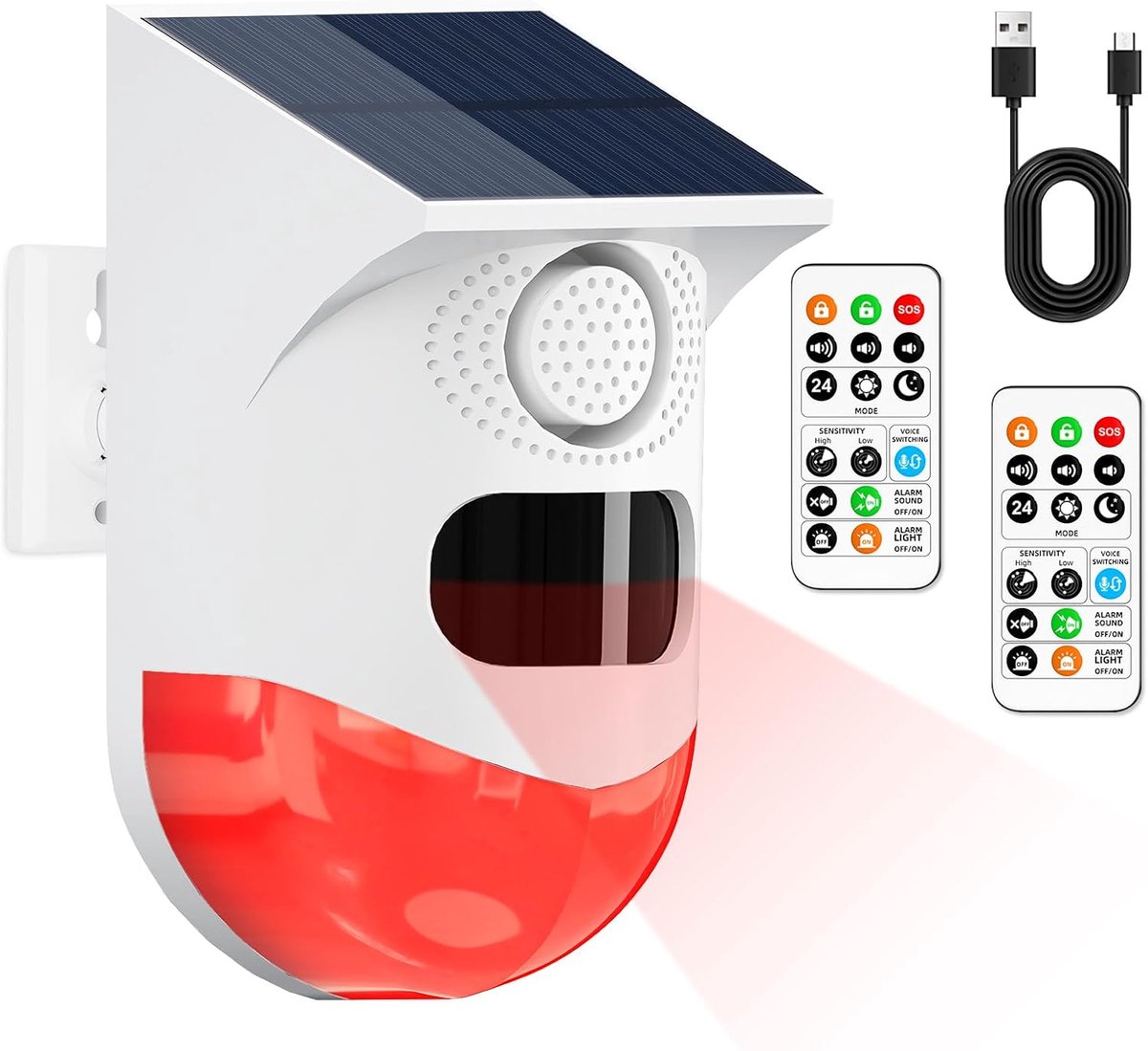 SnelShoppen - Draadloos Solar Bewegingssensor Alarm met 2 Afstandsbedieningen, 120dB Geluid, IP67 Waterdicht, Buiten Alarm Systeem voor Garage, Boerde