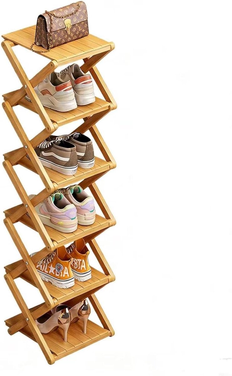 Thijox - Opvouwbaar Bamboe Schoenenrek, 6 Lagen, Natuurlijk Houtkleur, Multifunctioneel Entree Rek voor Slaapkamer, Hal, Compacte Ruimtes, Draagkracht