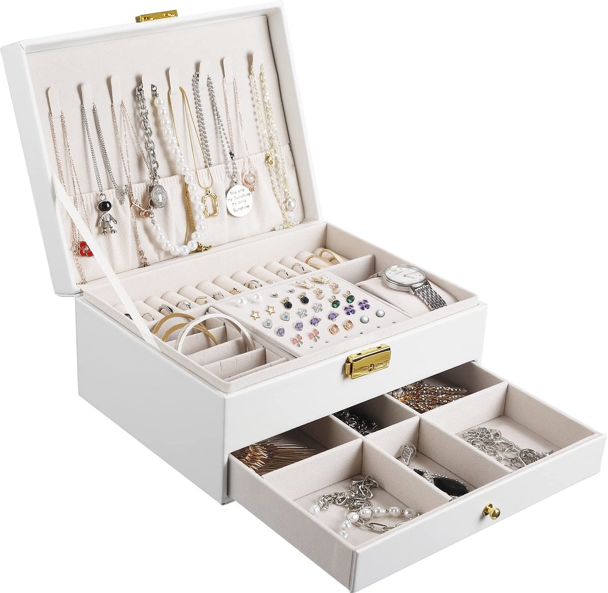 SnelShoppen - Sieradendoosje voor Reizen, Sieradenkistje met 2 Niveaus, PU-leer, Wit, Sieradenorganizer voor Dames en Meisjes, Voor Ringen, Oorbellen,