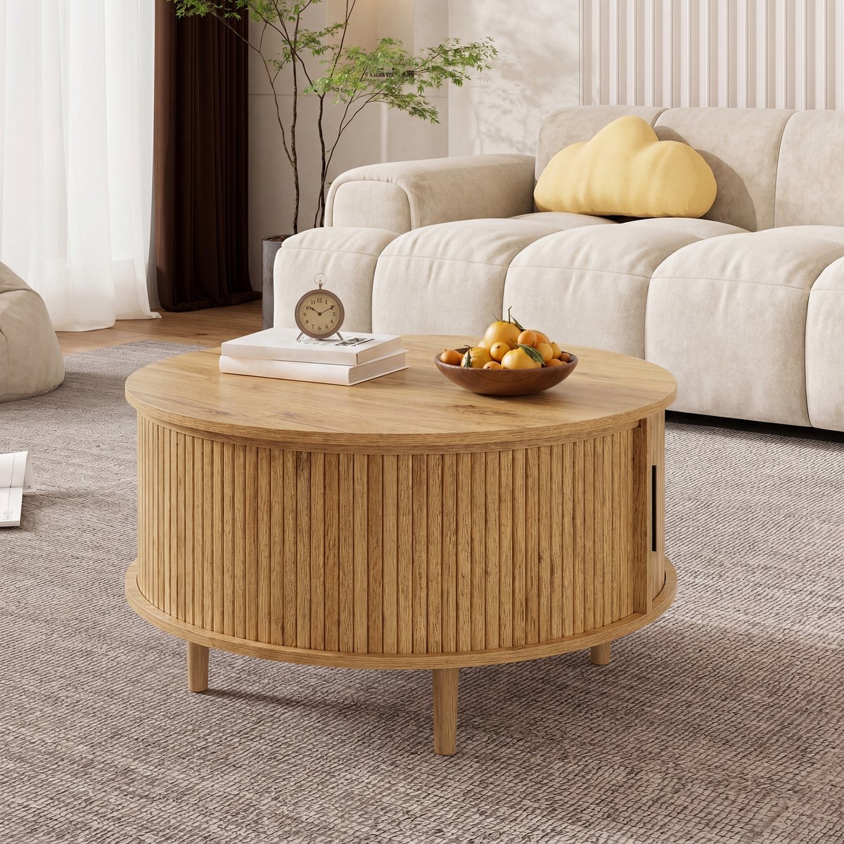 DESMIU Salontafel - Hoogte Instelbaar Met Opbergruimte En Schuifdeur - Rond Modern Design Voor Woonkamer - MDF - Eikenkleur - 80x80x59 Cm