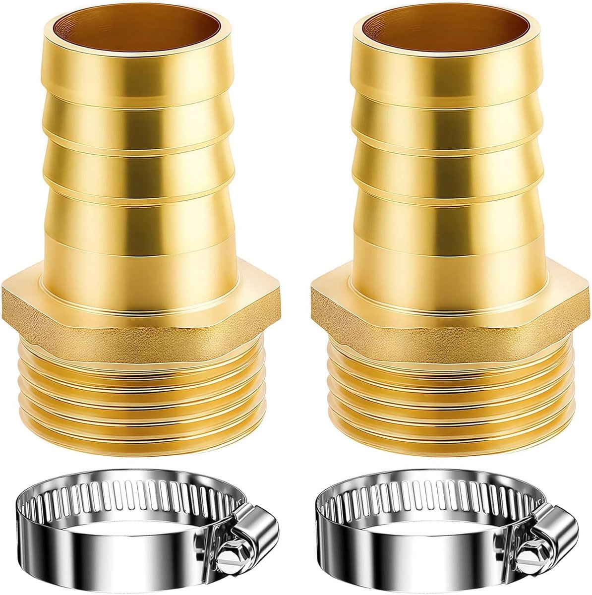 2 stuks Messing Slangbuizen, Mannetje Draad Slang Schroefverbinding 1 inch, Slangconnector met 2 Slangklemmen voor Water- en Gasslangen | Sterke Verbinding, Corrosiebestendig, Hoge Temperatuur Weerstand