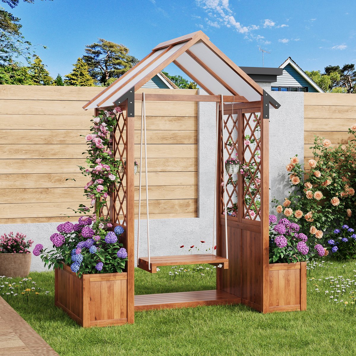 COVREO Plantenbak 163x142x70 cm bruin, hout met klimrek en schommel