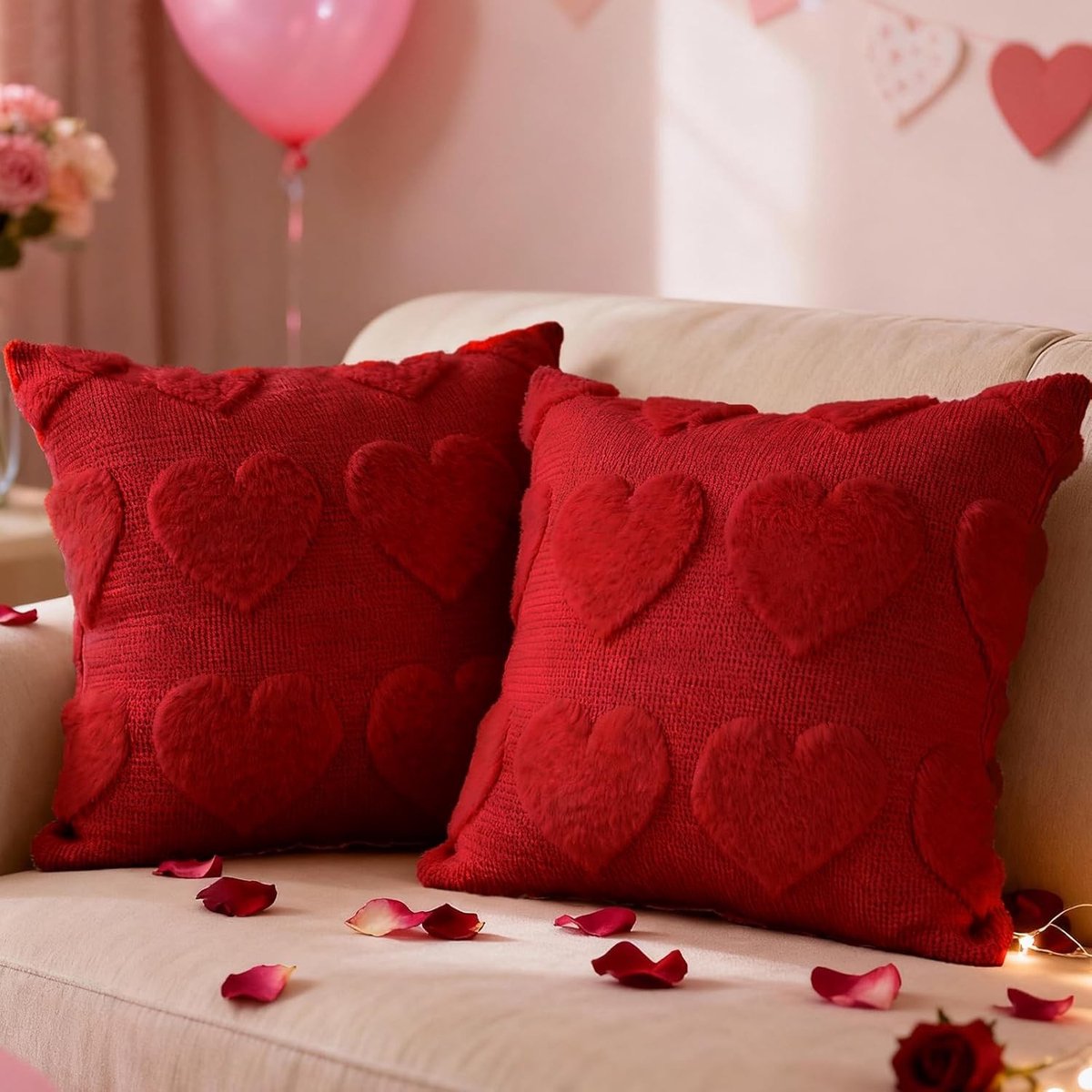 Set van 2 Decoratieve Hart Kussenslopen voor Valentijnsdag - Grote Rode Kussens 50 x 50 cm voor Bank en Slaapkamer Decoratie