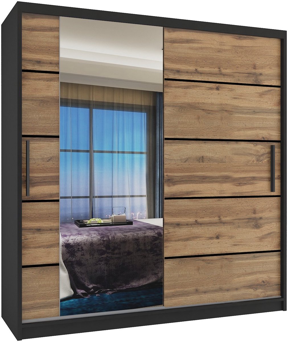 BELINI Verona MBP Schuifdeurkast 158 cm Zwart/Goudbruin Mat - Kledingkast met Spiegel - Comfort Line Slaapkamerkast