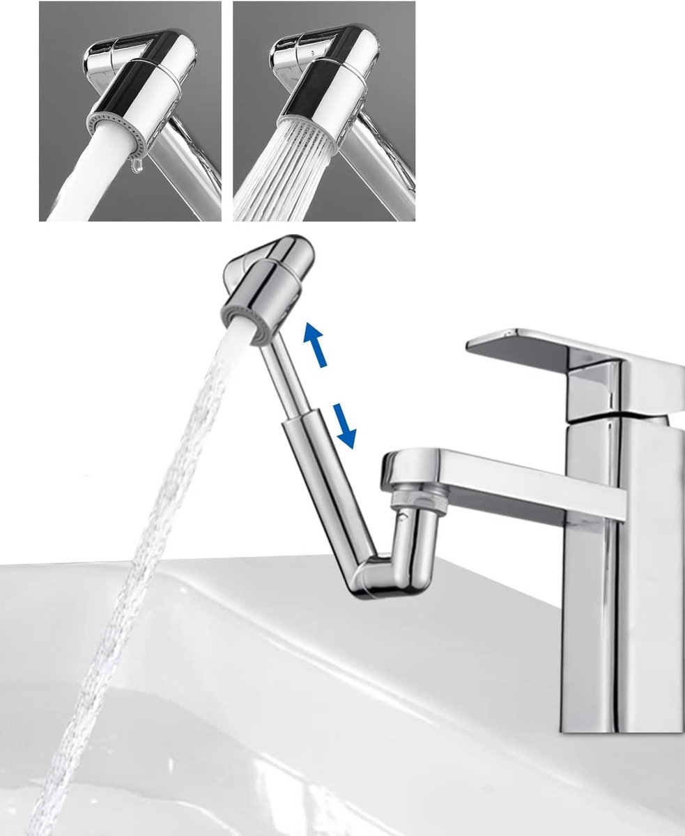 Verstelbare kraanverlenging voor badkamer en keuken, draaibaar ontwerp met dubbele waterstroom en aerator, chroomafwerking