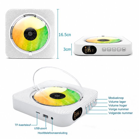 Bluetooth CD-speler - Draagbare CD-speler - Met FM-Radio/Bluetooth/USB - Luidsprekers - Monteerbaar op de Muur - Voor Volwassenen en Kinderen - Wit — afbeelding 2