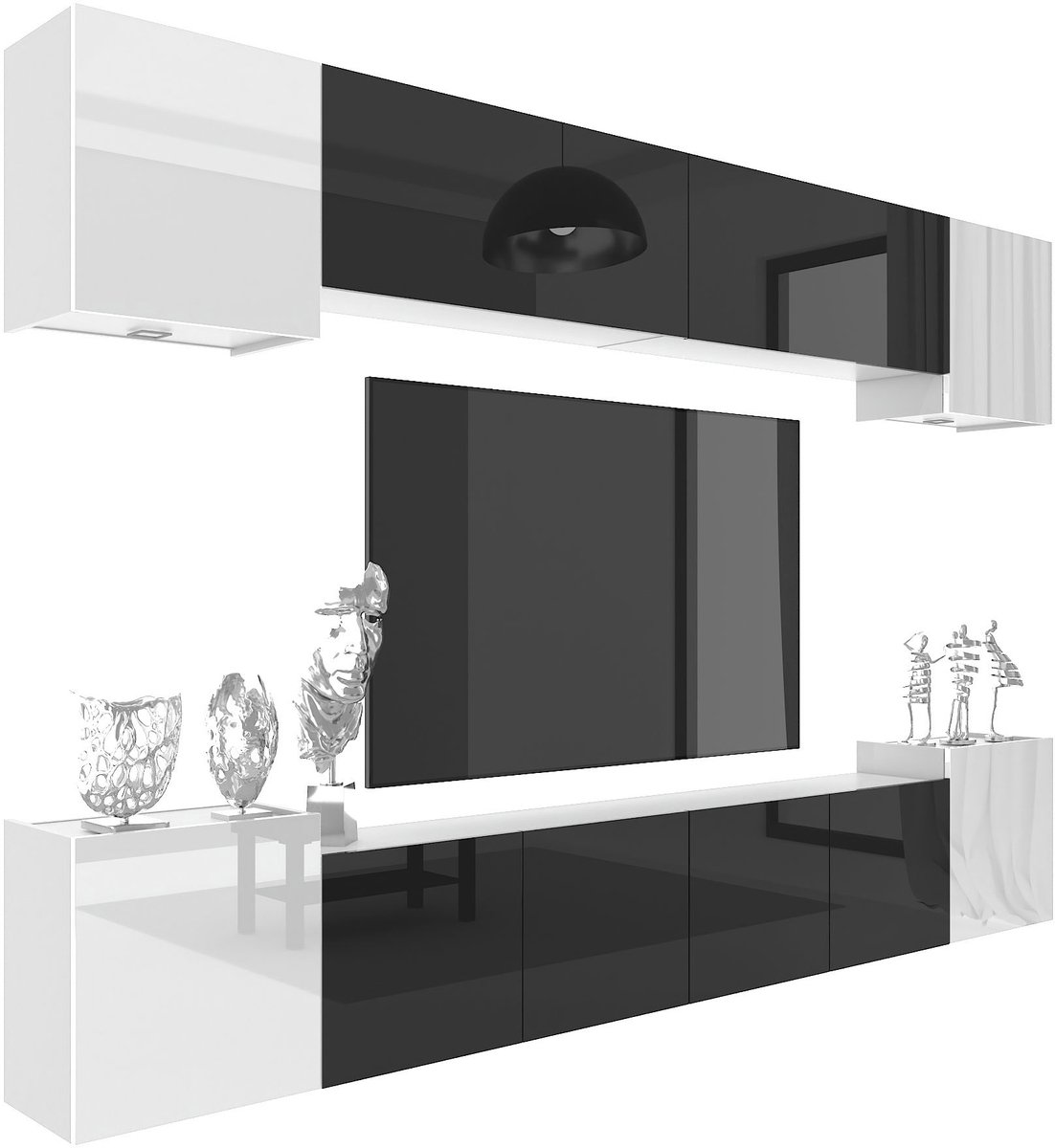 BELINI Wandmeubel Milano 4 300 cm Zwart/Wit Hoogglans - TV-Wand Greeploos - Moderne Woonwand met Gasliftsysteem - Modulair TV-Meubel