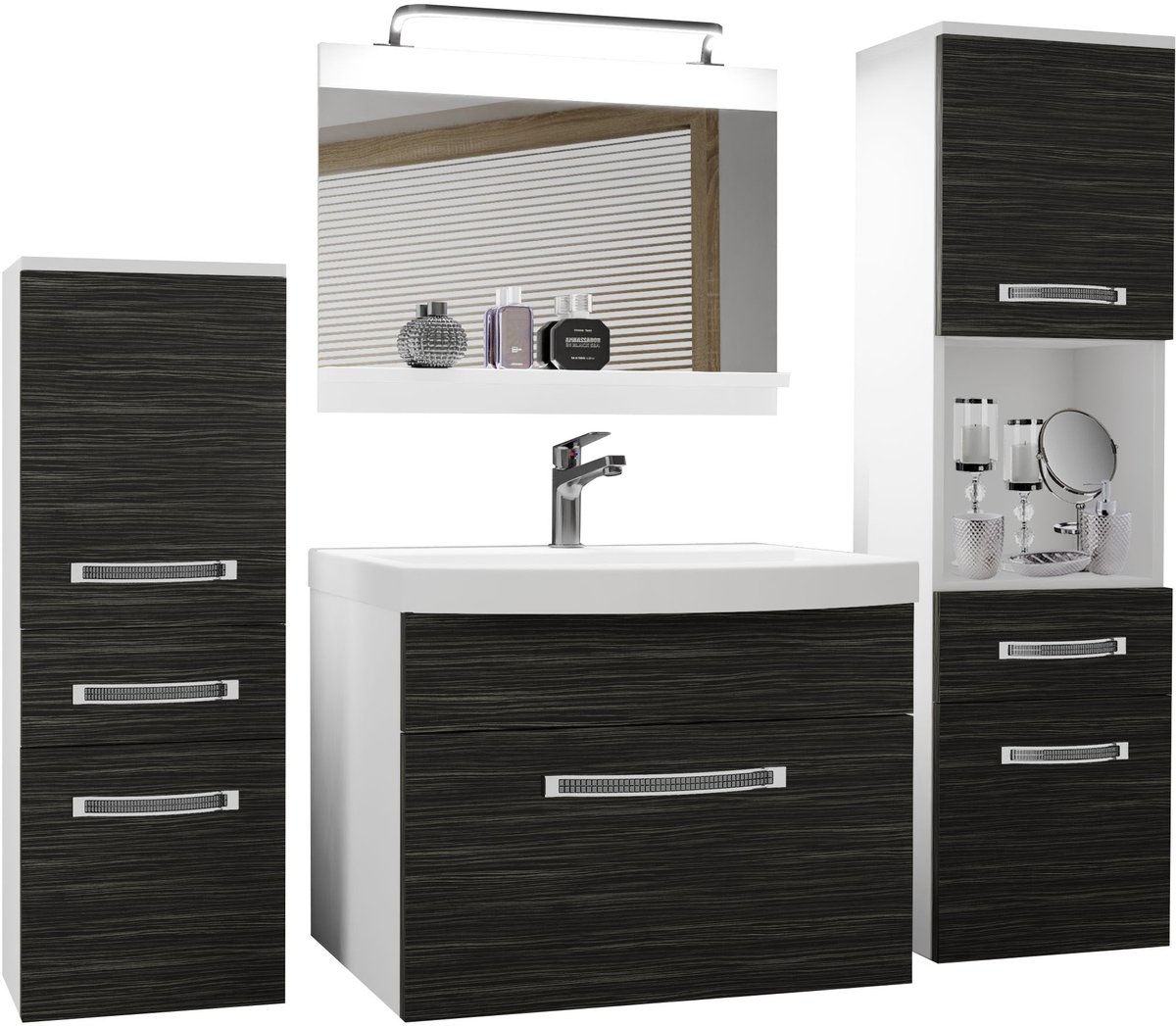 BELINI Badkamermeubel Set GLA M 5 - Badmeubelset 140 cm Koninklijk Ebbenhout Mat met Wastafel, Spiegel en LED Lamp - Wandmontage