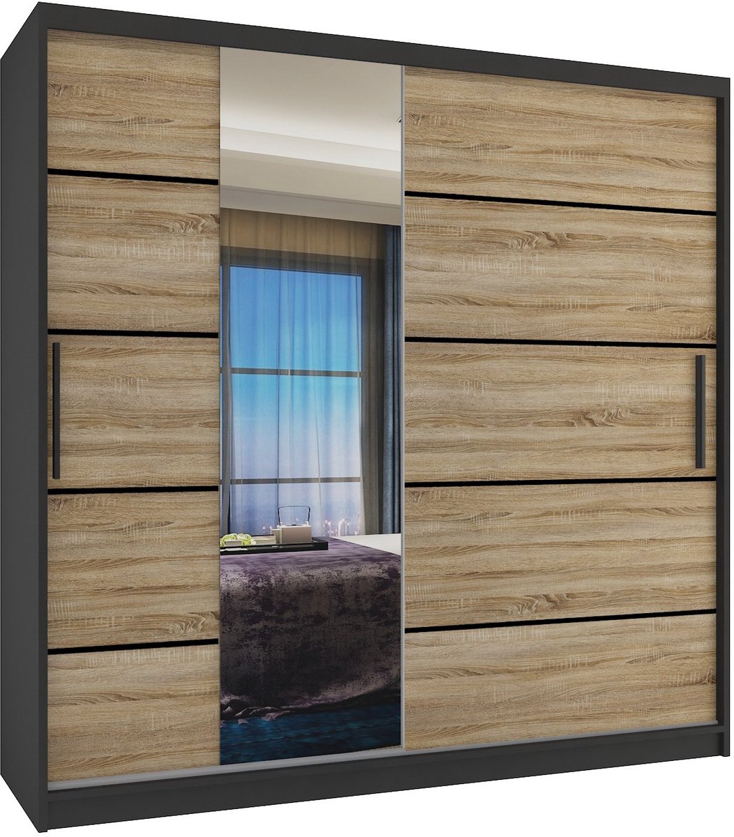 BELINI Verona MBP Schuifdeurkast 200 cm Zwart/Sonoma Eiken Mat - Kledingkast met Spiegel - Comfort Line Slaapkamerkast