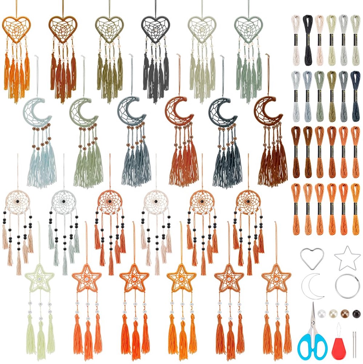 SnelShoppen - 24 Set DIY Dromenvanger Kit Neutrale Kleuren Mini Dream Catcher Kit Ster/Maan/Hart/Ronde Handgemaakte Dromenvanger Kit met Instructies v