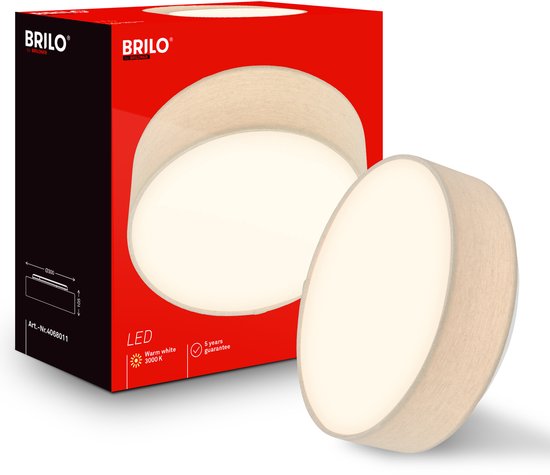 BRILO plafondlamp met beige stoffen kap, warm wit licht, 16W, Ø30, met productverpakking.
