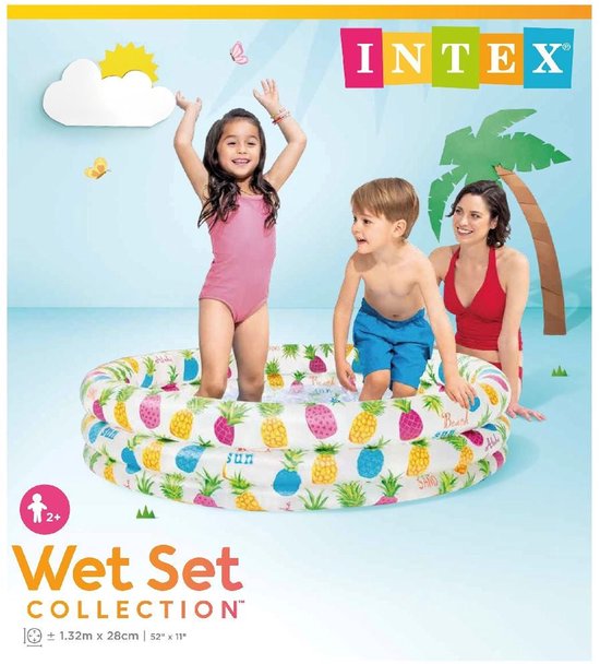 Marketingafbeelding van een Intex 'Wet Set Collection' opblaasbaar zwembad met ananasprint en spelende kinderen.