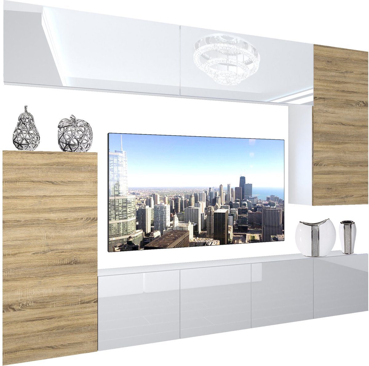 BELINI Wandmeubel NEX 8 - TV-Wandkast Set met LED-Verlichting Wit / Sonoma Eiken - Hoogglans Fronten