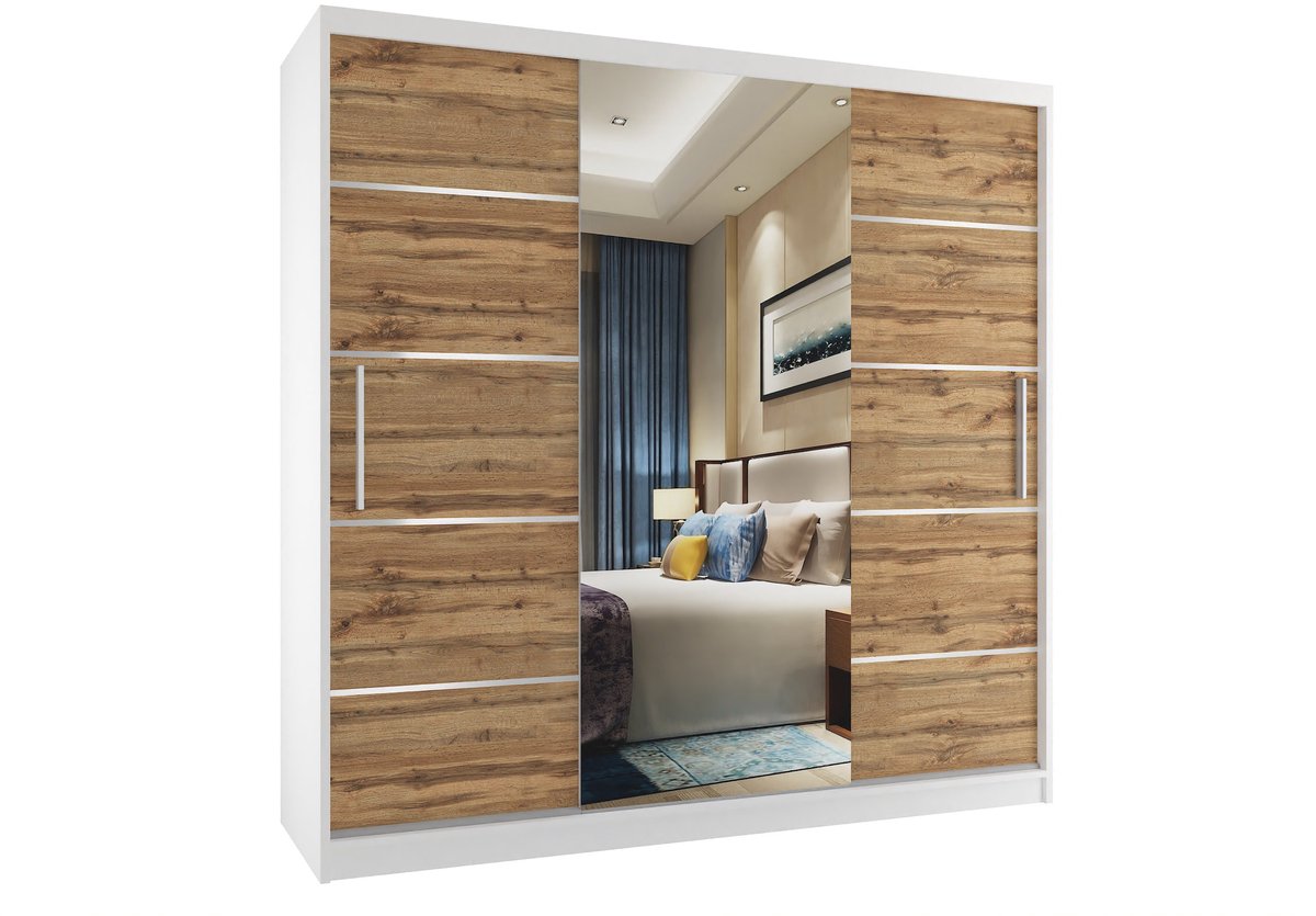 BELINI Verona MT Schuifdeurkast 200 cm Wit/Goudbruin Mat - Kledingkast met Spiegel & Lades - Comfort Line Driedeurkast