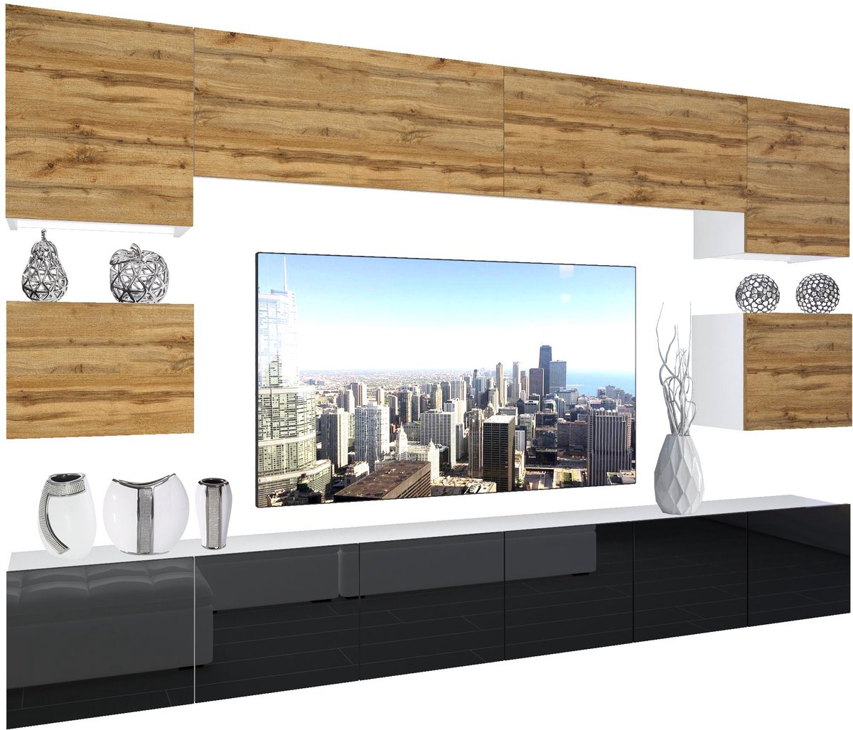 BELINI Wandmeubel NEX 3 - TV-Wandkast Set met LED-Verlichting Wotan Eiken / Zwart - Hoogglans Fronten