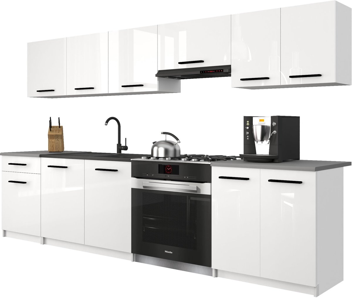 BELINI Keukenblok ITALIA 2 - Keukenmeubel Set 240 cm Wit Hoogglans met Werkbladen - Boven- en Onderkasten