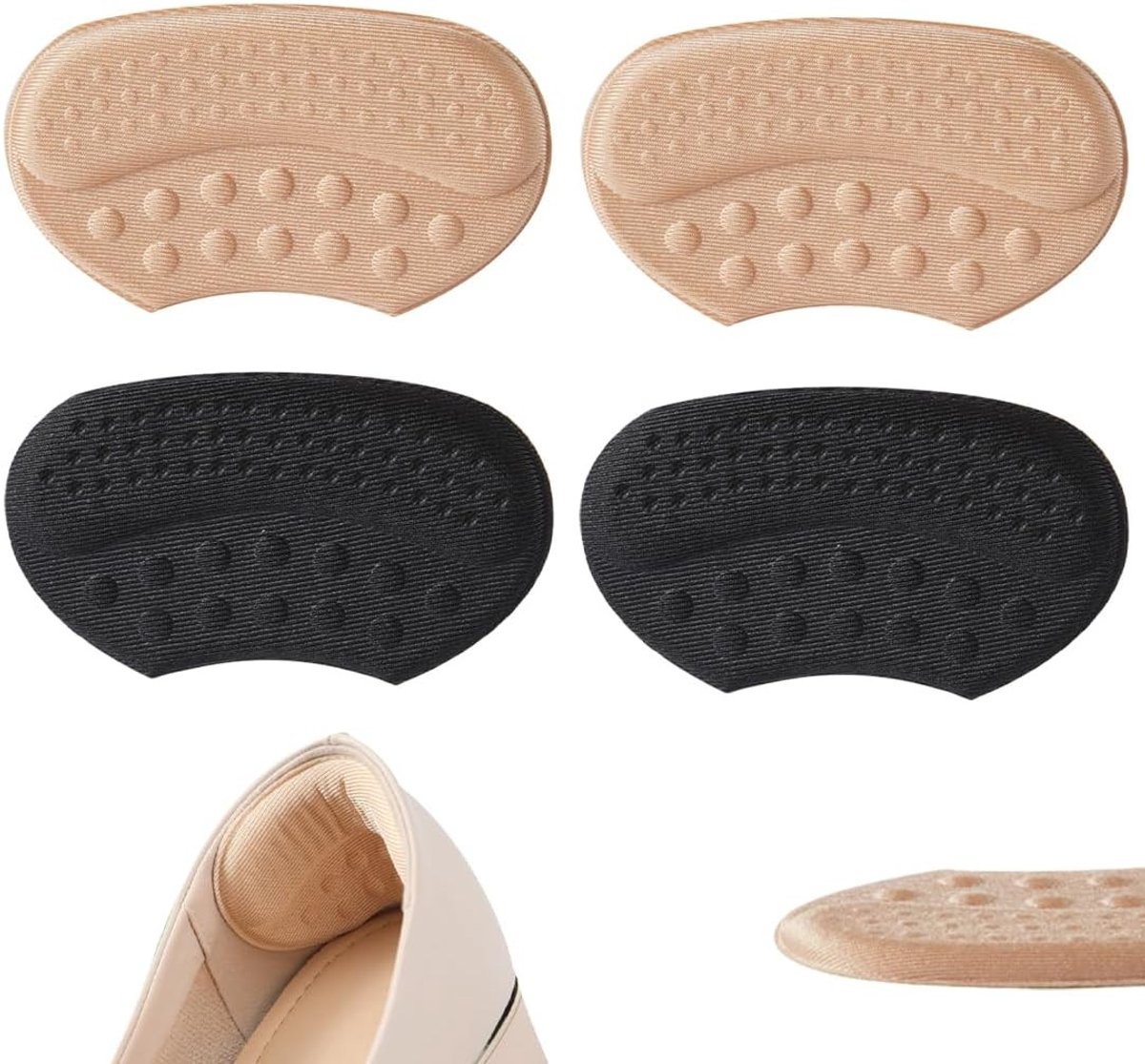Comfortabele hielpads voor grote schoenen - Dikke zolen, zelfklevend, anti-wrijving en drukverlichting, 4 stuks in zwart en beige