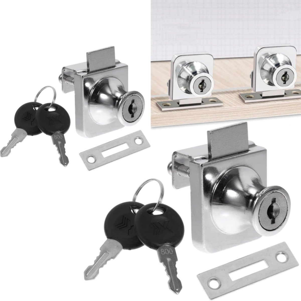2-delige set - Glazen vitrinekast met enkel slot - Eenvoudig antidiefstalontwerp - Slot op de kastdeur - Slot op het raam - 32*35 mm - Voor het veilig vergrendelen van vitrinekasten - Zilver