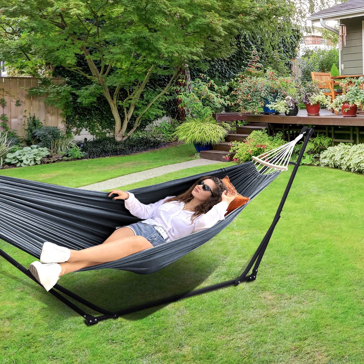 SnelShoppen - ANYOO Hangmat en Hangstoel met Inklapbaar Frame - Draagbare Hangmatstandaard voor Outdoor/Indoor Gebruik - Perfect voor Tuin, Terras, Ca